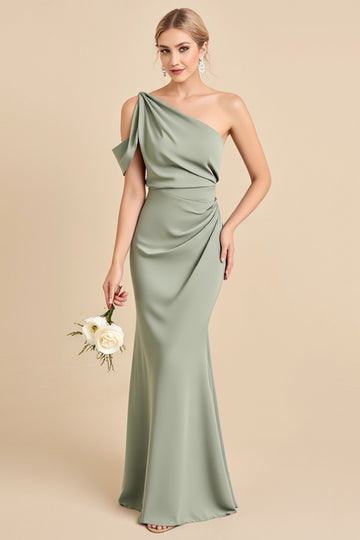 Matcha One Shoulder Mermaid Long Satin Bridesmaid Dress
